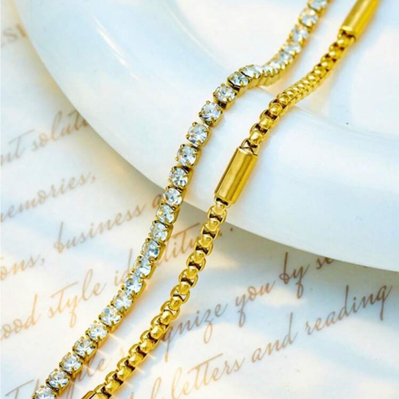 New 18K Gold Plated Double Layered Rhinestone Inlaid Box Chain Bracelet - Picture 4 of 5